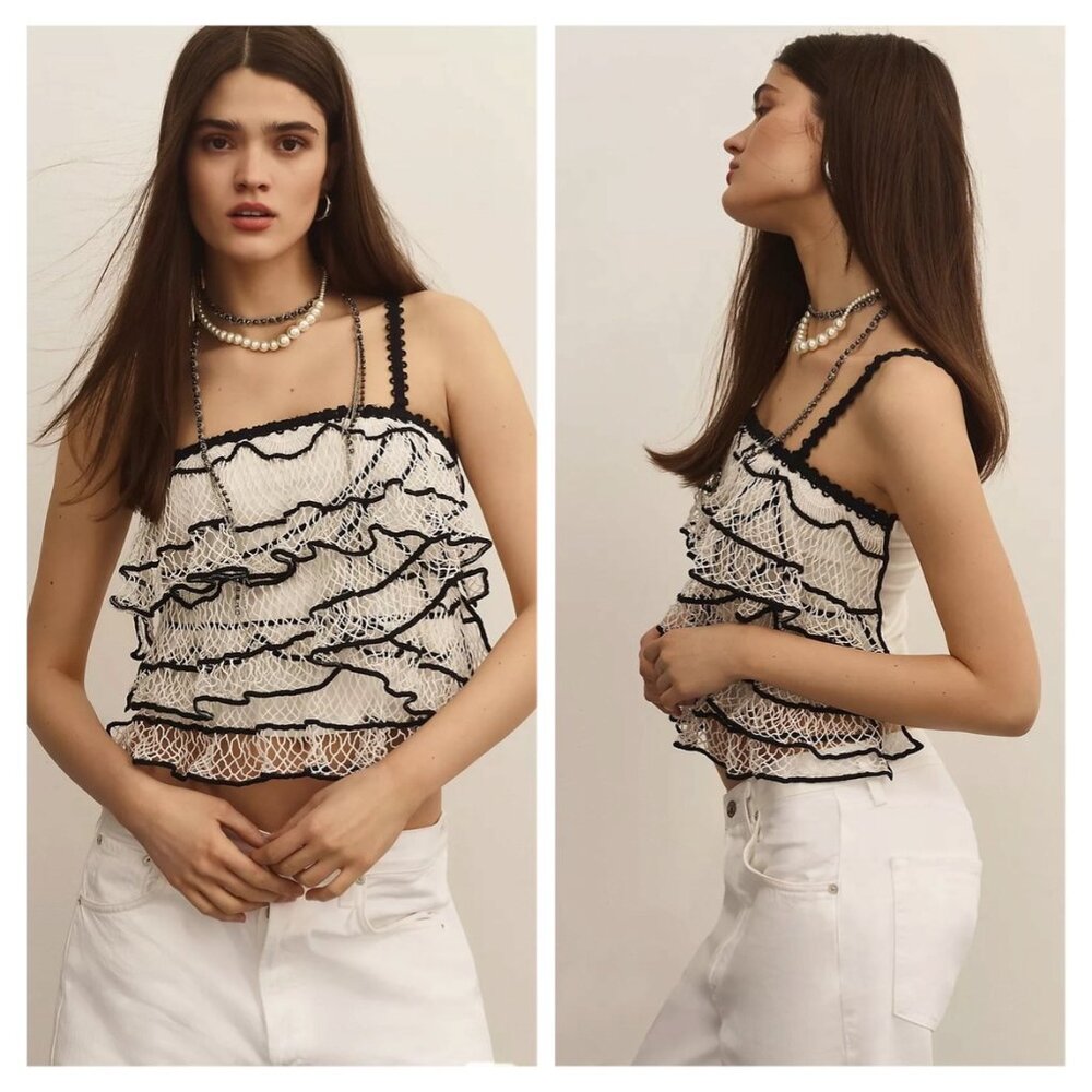 NEW Anthropologie Crochet Ruffle Netting Fishnet Layered Trimmed Cami Ta…